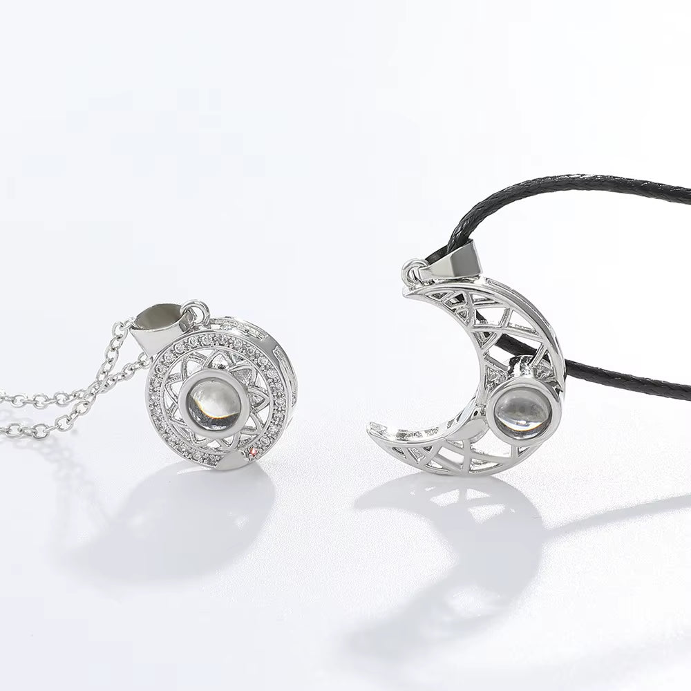 2PCS Magnetic Couple Matching Necklace 100 Languages I Love You Projection Sun Moon Heart Shape Magnet Paired Pendant Lover Gift
