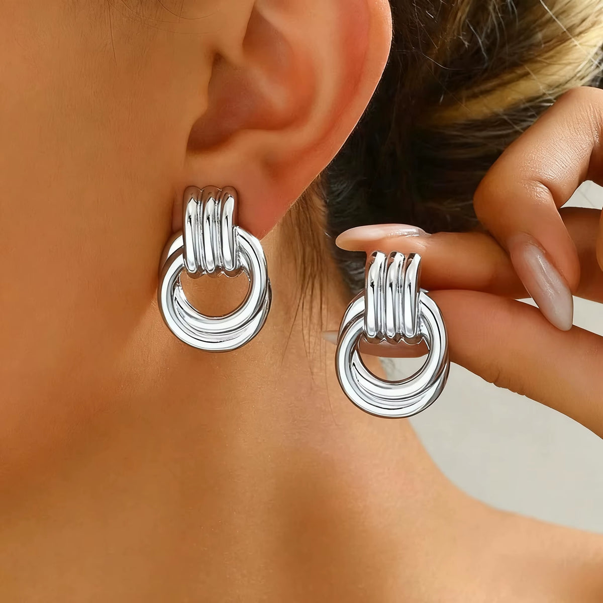 Fashion Stainless Steel Chunky Knot Earrings for Women Vintage Simple Multi-Layer Circle round Drop Earrings Punk Jewelry Gifts
