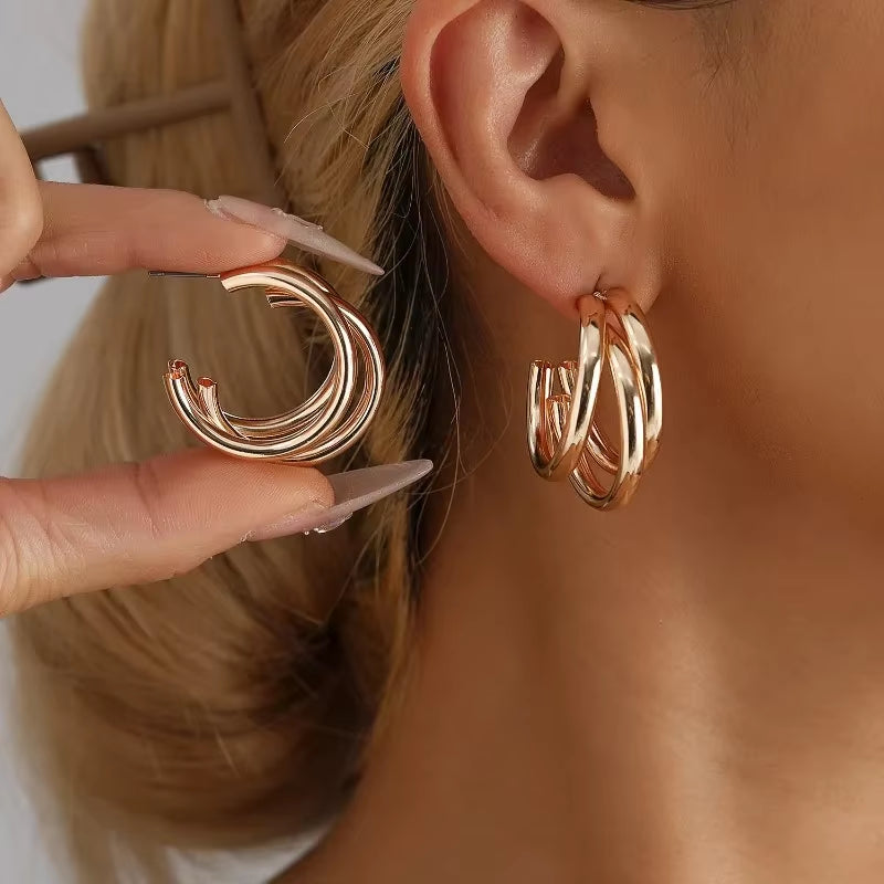 Fashion Stainless Steel Chunky Knot Earrings for Women Vintage Simple Multi-Layer Circle round Drop Earrings Punk Jewelry Gifts