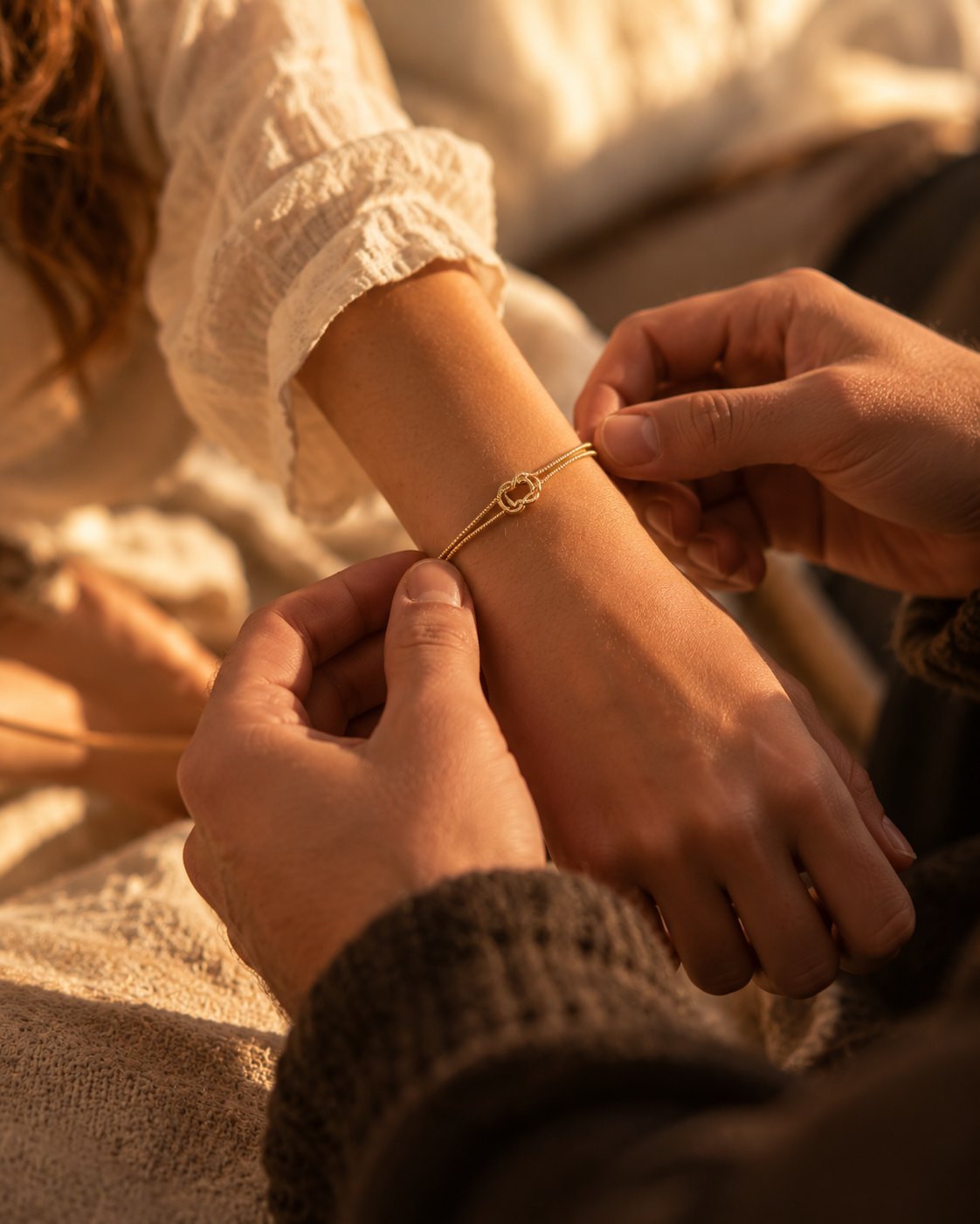 Pulsera Nudo Eterno: él se la ata en la muñeca